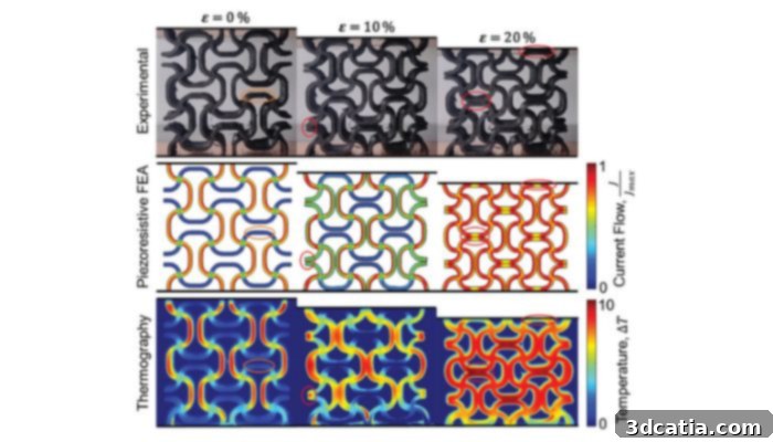 Lattice structures alongside their thermal imaging, demonstrating electrical current visualization during testing.