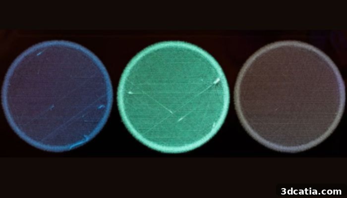 Fluorescent 3D printed rings glowing under UV light, showing different colors based on size and structure.