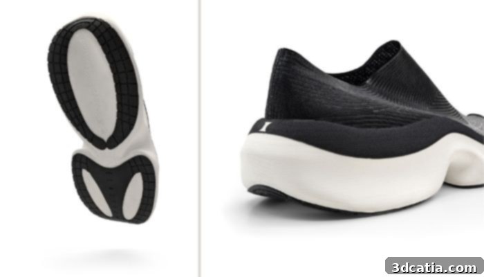 Close-up images showing the intricate details of The Orca shoe's bottom and side profiles.