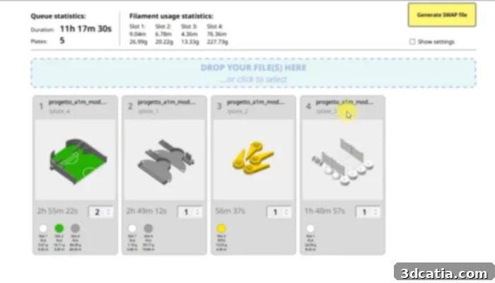 The Swapmod web interface simplifies serial printing; users slice prints in Bambu Studio or OrcaSlicer, then manage plate changes through this intuitive platform.
