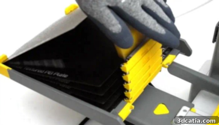 The Swapmod system features an integrated storage bay capable of holding up to 10 build plates for continuous printing.