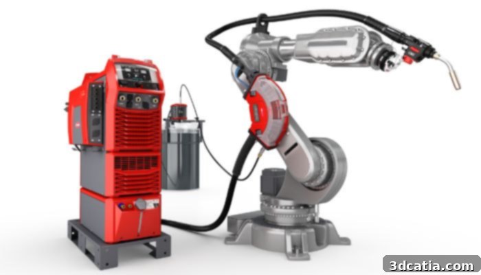 CMT Additive Pro system integrated with a robotic arm for automated manufacturing.