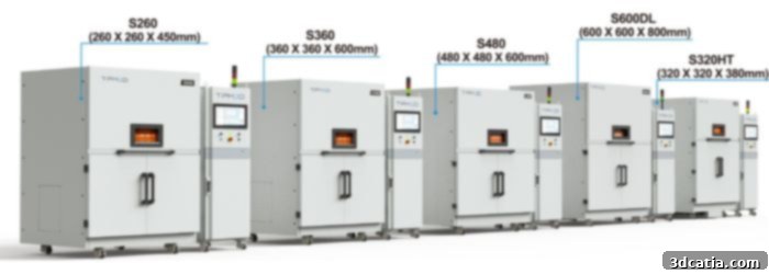 The TPM3D S-Series of industrial SLS 3D printers, featuring the S600DL, S480, S360, S320HT, and S260 models.