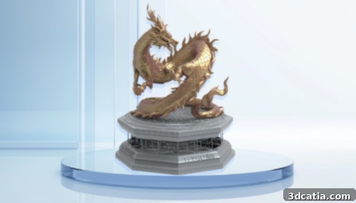 Close-up of an intricately detailed 3D Printed Dragon Ornament, showcasing fine features like scales and whiskers.
