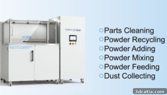 The Part & Powder Processing Station (PPS) from TPM3D, demonstrating automated powder recycling and handling processes.