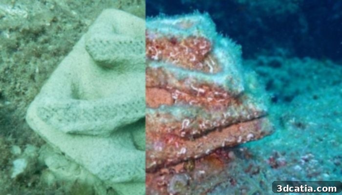 Before and after comparison of a 3D printed coral reef