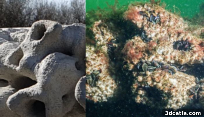 Before and after of a 3D printed reef showing marine life growth