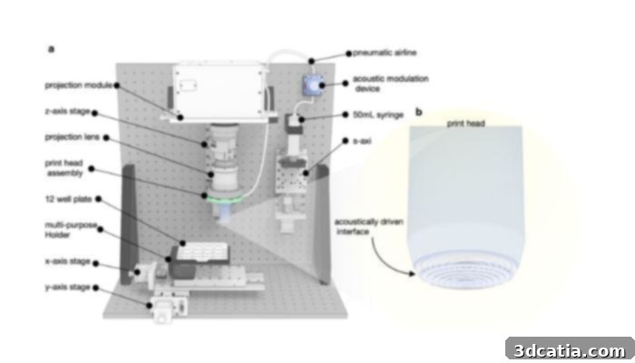 CAD model of the DIP printing system, showcasing its innovative mechanical components designed for high-precision bioprinting.