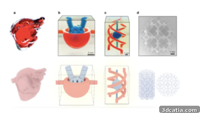 Examples of parts printed with the new DIP system shown above, alongside their corresponding CAD models below, illustrating the precision and fidelity of the technology.