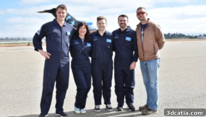Scientists and engineers from NASA’s Marshall Space Flight Center, participating in the laser beam welding study in August, stand in front of the parabolic plane used for testing.