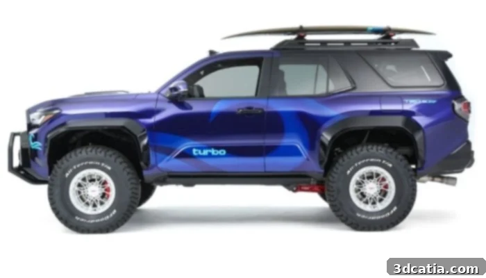 Toyota 4Runner TRD Surf Concept SUV at SEMA Show, highlighting its California surf culture inspiration and 3D printed roof innovation.