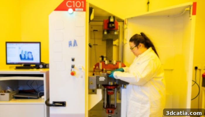 Ceramic part being produced using SLA technology at Lucideon, showcasing their advanced material processing.