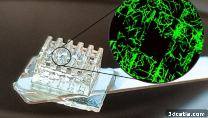 Microscopic view of a scaffold printed with BIORES INX, showcasing intricate details and cellular compatibility