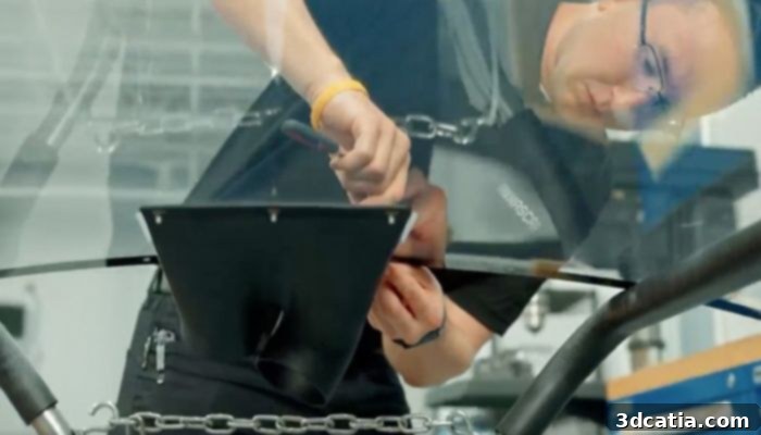 A NASCAR engineer attaches a 3D printed duct to a racecar.