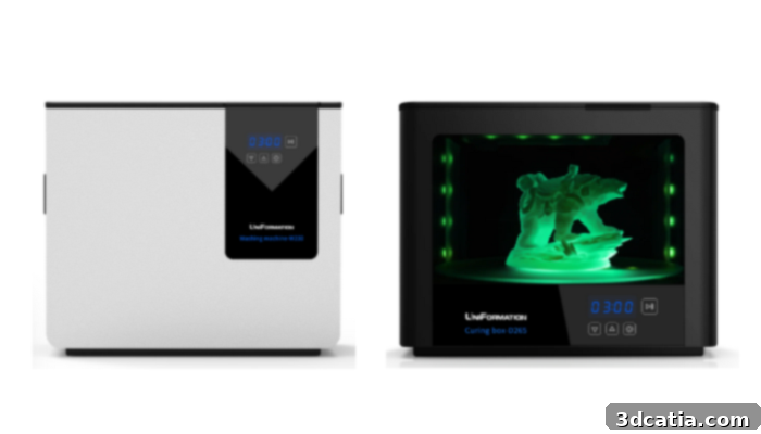 UniFormation Ultrasonic Resin Cleaner W230 (left) and UV Resin Curing Station 10.2 (right)