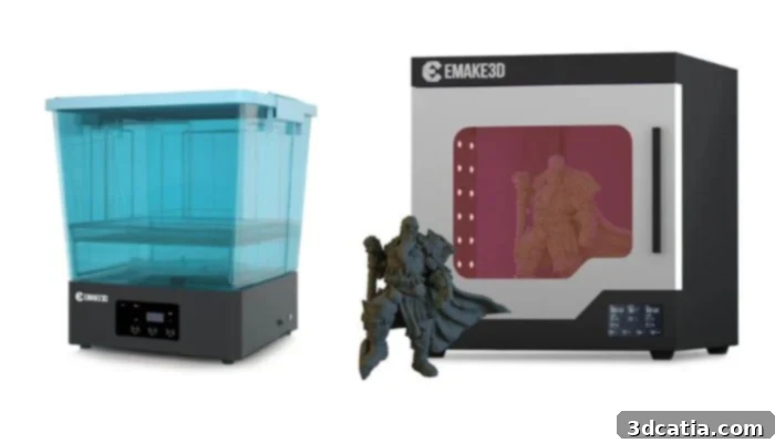 EMAKE3D's washing machine (left) and curing box (right) for efficient resin post-processing
