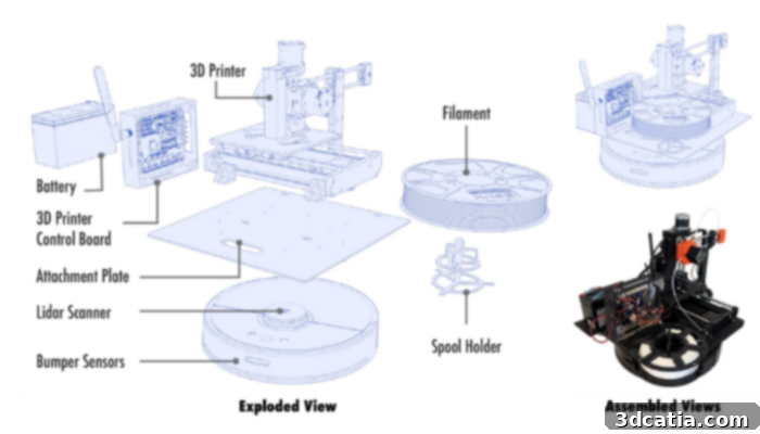 Detailed structure of the MobiPrint autonomous mobile 3D printer, showing the Prusa Mini+ mounted on a Roborock S5 robot vacuum cleaner.