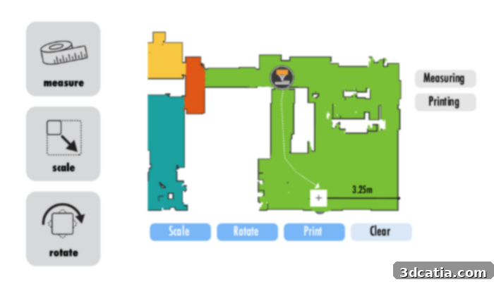 MobiPrint autonomously mapping a room and determining its route to a designated printing location.