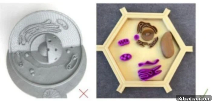 Comparison of a poorly designed 3D printed cell model (left) and an optimized one (right) for tactile reading.