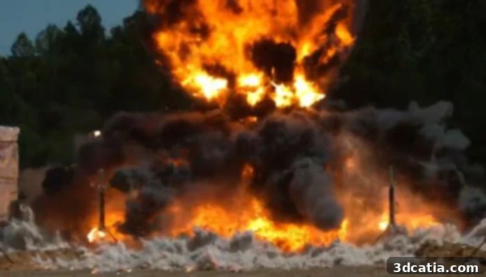 Test arena immediately after detonation of the 3D printed bomb test article, showing debris and blast effects.