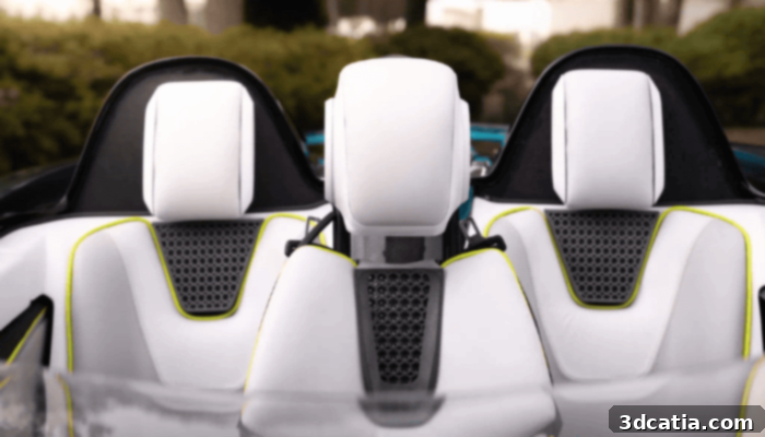 Aether concept car front view, showcasing its futuristic and modular design, developed using 3D printing technologies.
