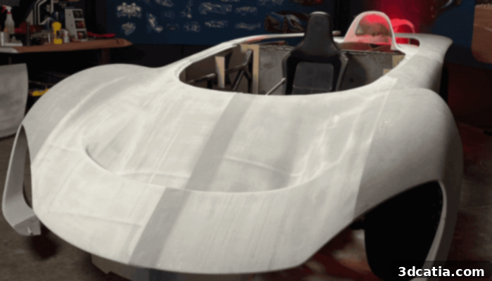Aether concept car side view, highlighting the unique hexagonal patterns and seamless design achieved through 3D printing.