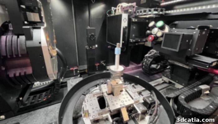 A 3D-printed part being scanned with X-ray computed tomography for analysis by ORNL's Simurgh software.