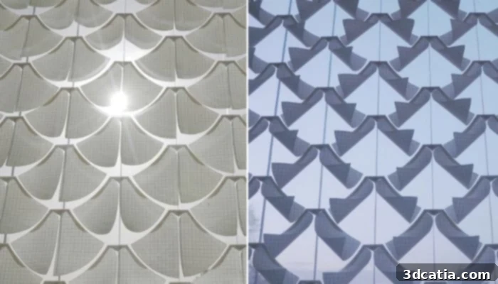 Solar Gate's 4D printed adaptive facade system, inspired by pine cones, automatically adjusts to weather changes for energy efficiency.