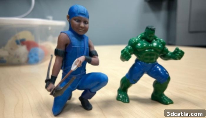 Customized action figures with patient faces, made with 3D printing