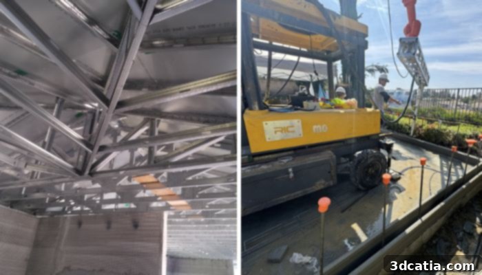 RIC Technology's robotic arm 3D printer in action, alongside a fire-resistant steel roof.