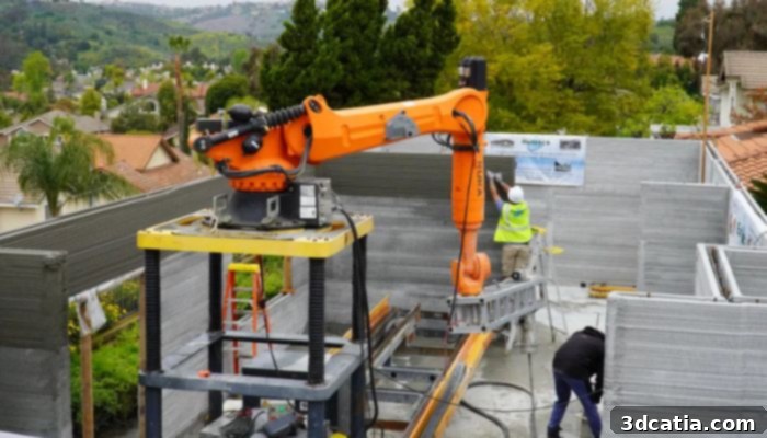RIC Technology's 3D printer layering concrete material during construction.