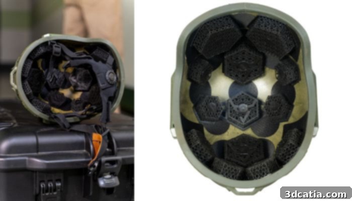 A closer look at the 3D printed helmet suspension system, including the lattice pads.