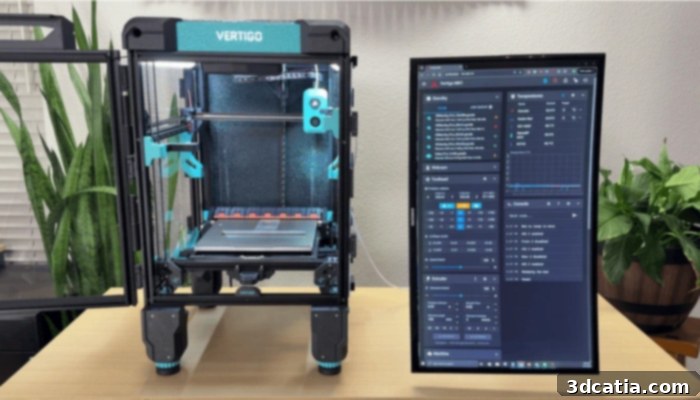 The Vertigo MK1 running Klipper firmware and Mainsail interface, showcasing its print volume and advanced control.