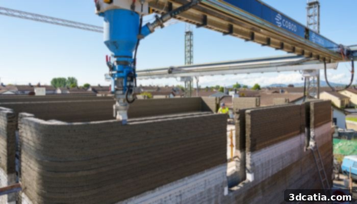 Close-up of the COBOD BOD2 3D printer in action, extruding concrete layer by layer during the construction process.