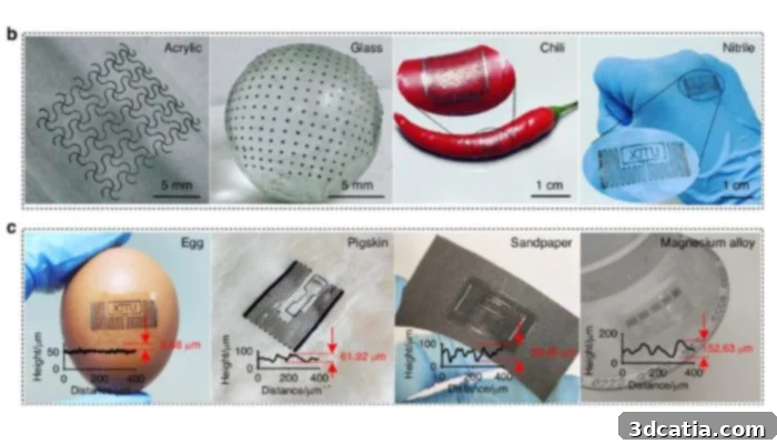 Conformal temperature and humidity sensors printed on various surfaces.