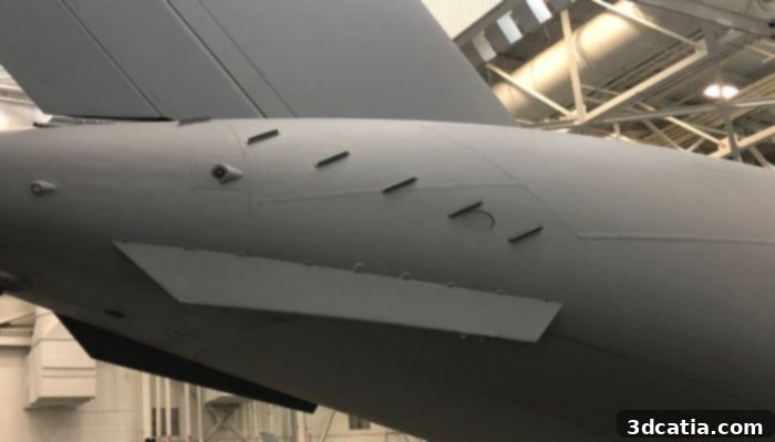 A close-up view of 3D printed microvane drag reducers installed on the rear fuselage of an aircraft.