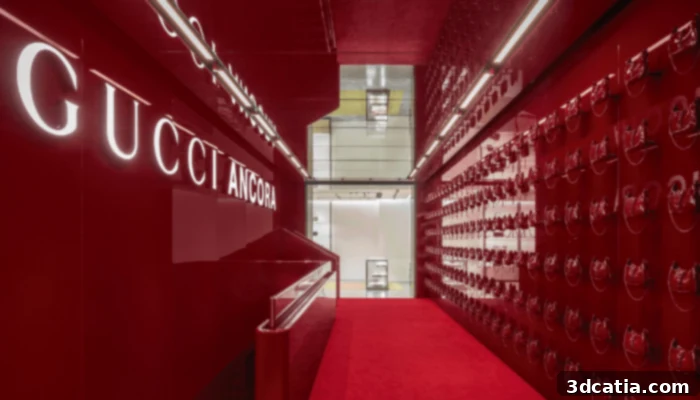 Gucci's boutique on Milan’s Via Montenapoleone decorated with “Ancora” red