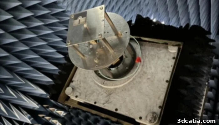 NASA's 3D printed antenna undergoing testing in an electromagnetic anechoic chamber at Goddard Space Flight Center.