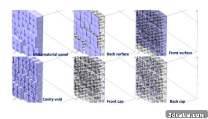 Images of 3D printed labyrinth-shaped acoustic panels featuring metamaterials, designed for superior sound insulation, showcasing intricate internal structures.