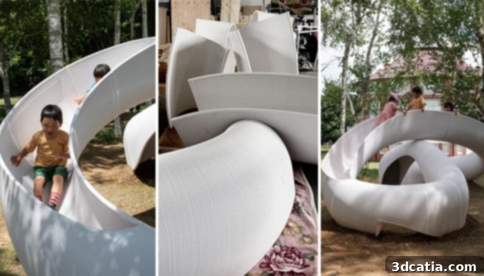 3D printed Möbius strip play structure in Kyoharu Art Village, Japan, known as White Loop, designed by VUILD