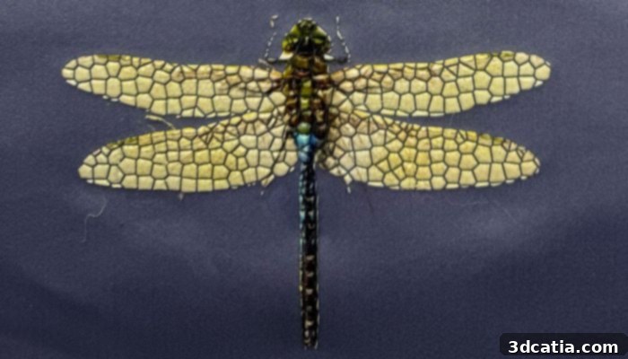 A stunning 3D-printed dragonfly created on the Stratasys J850 TechStyle printer, showcasing intricate details and tactile texture.