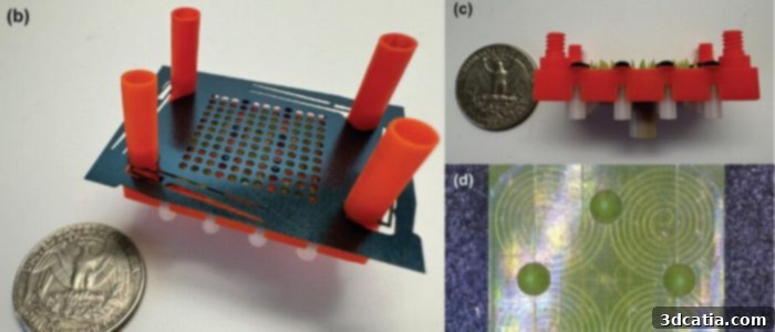 Images of a 3D-printed electrospray thruster next to a US quarter for scale, showing optical images of the assembled device, the side view without the extractor electrode, and a close-up of an emitter module.