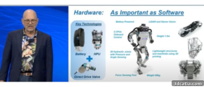 Boston Dynamics' Atlas humanoid robot, showcasing its 3D printed components.