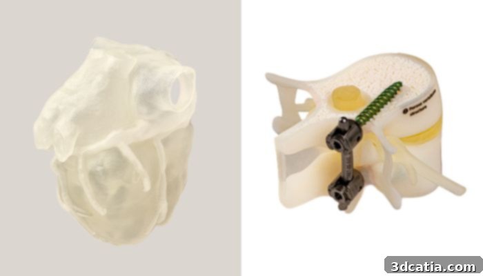 3D printed models showing TissueMatrix and BoneMatrix materials from Stratasys.