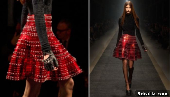 Versace fashion show featuring a red 3D printed skirt with Swarovski rhinestones