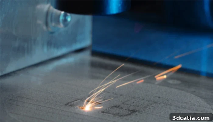 Metal part being built layer by layer using laser powder bed fusion technology