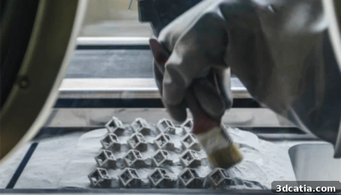 Various metal 3D printed parts undergoing different post-processing techniques like grinding and polishing