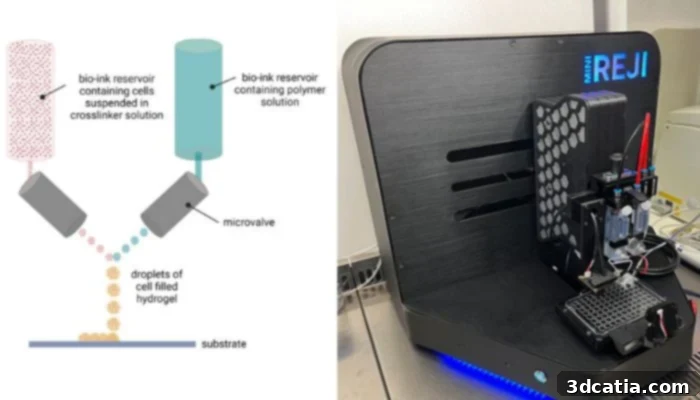 3D bioprinting technology on the left, and the innovative ReJI printer on the right, showcasing the difference.