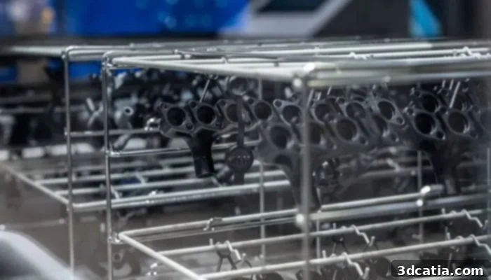 3D printed parts suspended within a vapor smoothing chamber for uniform treatment.