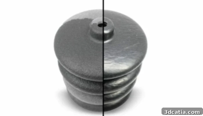 Visual comparison: 3D printed part before (left) and after (right) vapor smoothing.